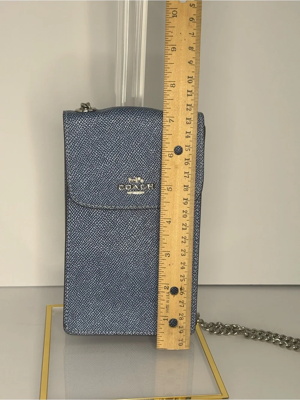 Coach Light Blue Leather Phone Crossbody with Silver Chain